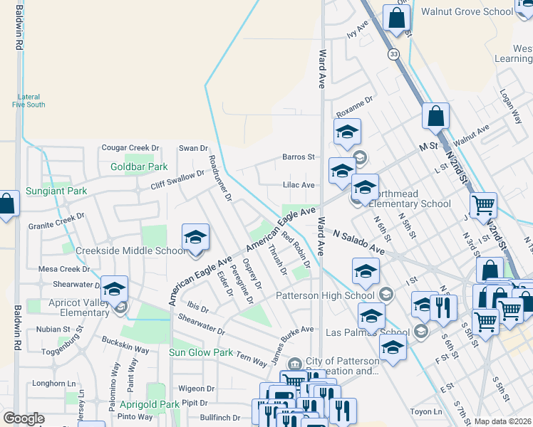map of restaurants, bars, coffee shops, grocery stores, and more near 512 Hammon Court in Patterson