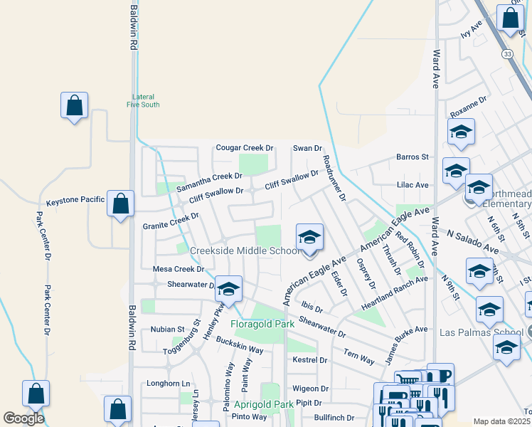 map of restaurants, bars, coffee shops, grocery stores, and more near 1325 Beaver Creek Drive in Patterson