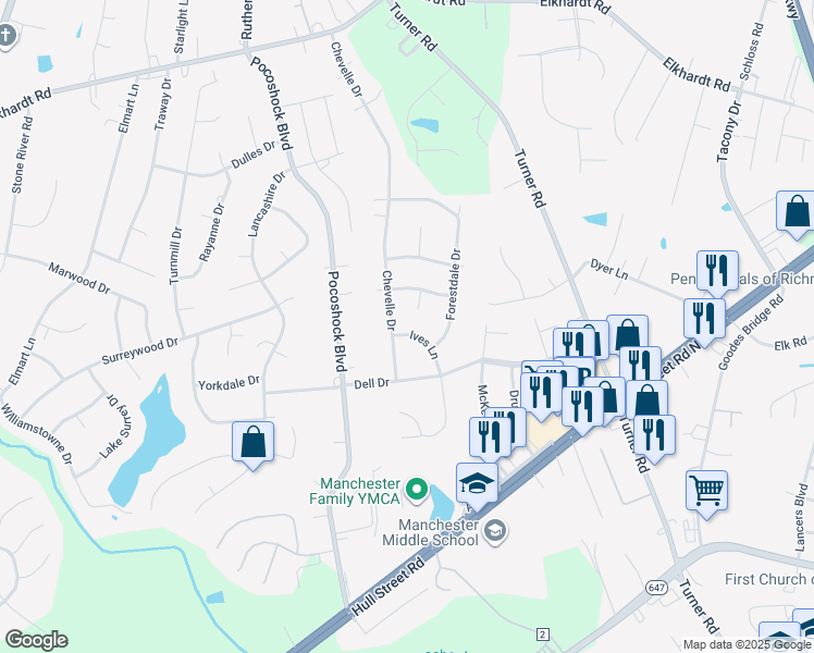 map of restaurants, bars, coffee shops, grocery stores, and more near 2009 Ives Lane in Richmond