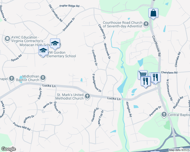 map of restaurants, bars, coffee shops, grocery stores, and more near 1029 South Wedgemont Drive in Richmond