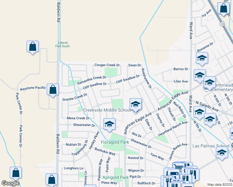 map of restaurants, bars, coffee shops, grocery stores, and more near 1325 Beaver Creek Drive in Patterson