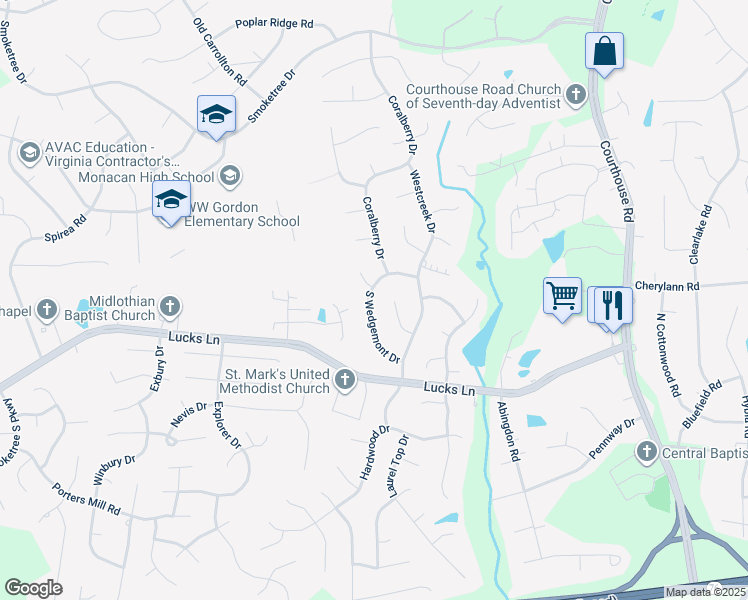 map of restaurants, bars, coffee shops, grocery stores, and more near 1029 South Wedgemont Drive in Richmond