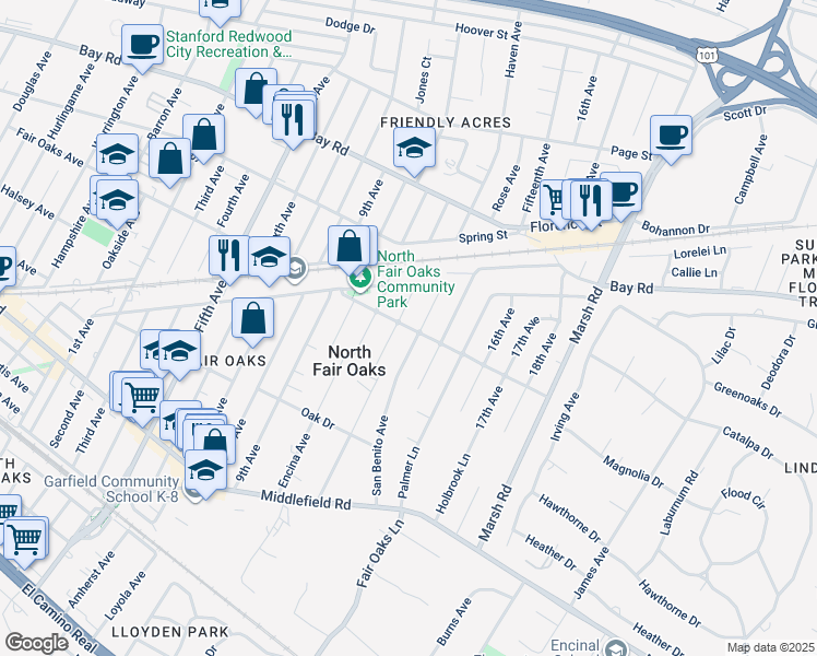 map of restaurants, bars, coffee shops, grocery stores, and more near 720 Twelfth Avenue in Menlo Park