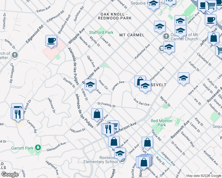 map of restaurants, bars, coffee shops, grocery stores, and more near 1538 James Avenue in Redwood City