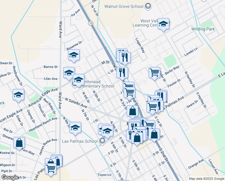map of restaurants, bars, coffee shops, grocery stores, and more near 400 North 3rd Street in Patterson