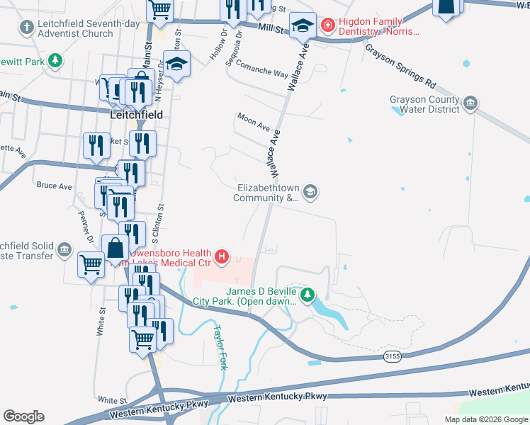 map of restaurants, bars, coffee shops, grocery stores, and more near 737-799 Wallace Avenue in Leitchfield