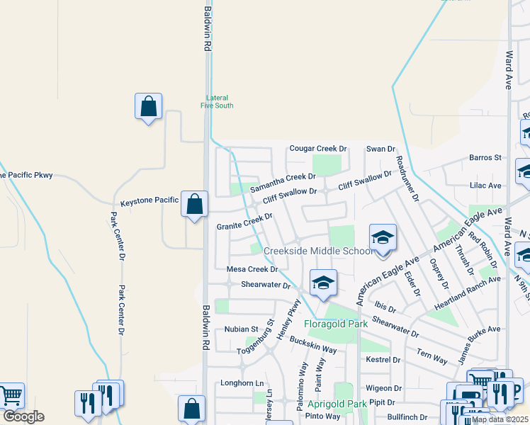 map of restaurants, bars, coffee shops, grocery stores, and more near 1411 Granite Creek Drive in Patterson