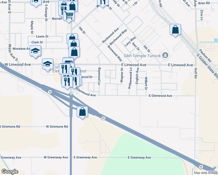 map of restaurants, bars, coffee shops, grocery stores, and more near 1710 Willow Lane in Turlock