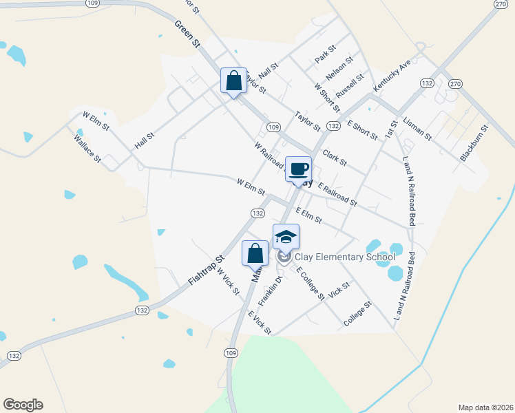 map of restaurants, bars, coffee shops, grocery stores, and more near 9282 Kentucky 132 in Clay