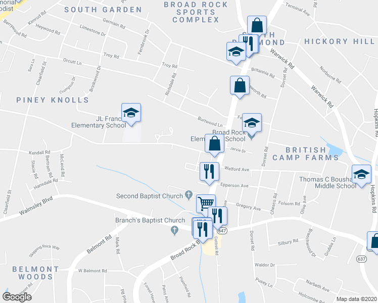 map of restaurants, bars, coffee shops, grocery stores, and more near 4925 Snead Road in Richmond