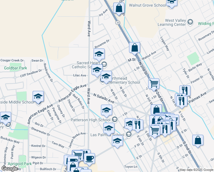 map of restaurants, bars, coffee shops, grocery stores, and more near 625 L Street in Patterson