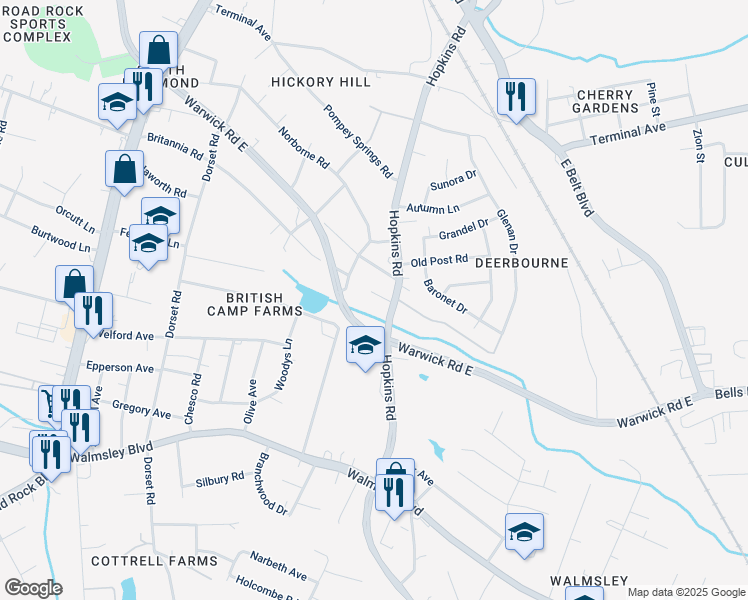 map of restaurants, bars, coffee shops, grocery stores, and more near 3907 Hopkins Court in Richmond