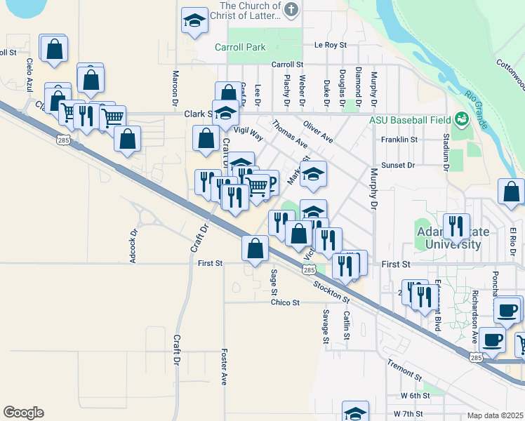 map of restaurants, bars, coffee shops, grocery stores, and more near 217 Market Street in Alamosa