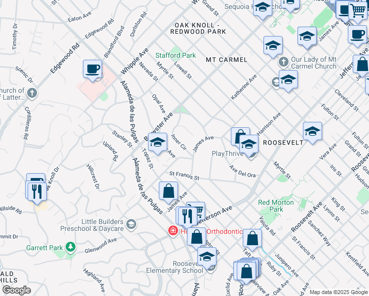 map of restaurants, bars, coffee shops, grocery stores, and more near 169 Inner Circle in Redwood City