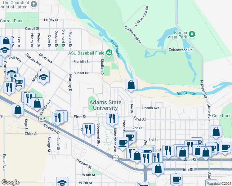 map of restaurants, bars, coffee shops, grocery stores, and more near 52 El Rio Drive in Alamosa