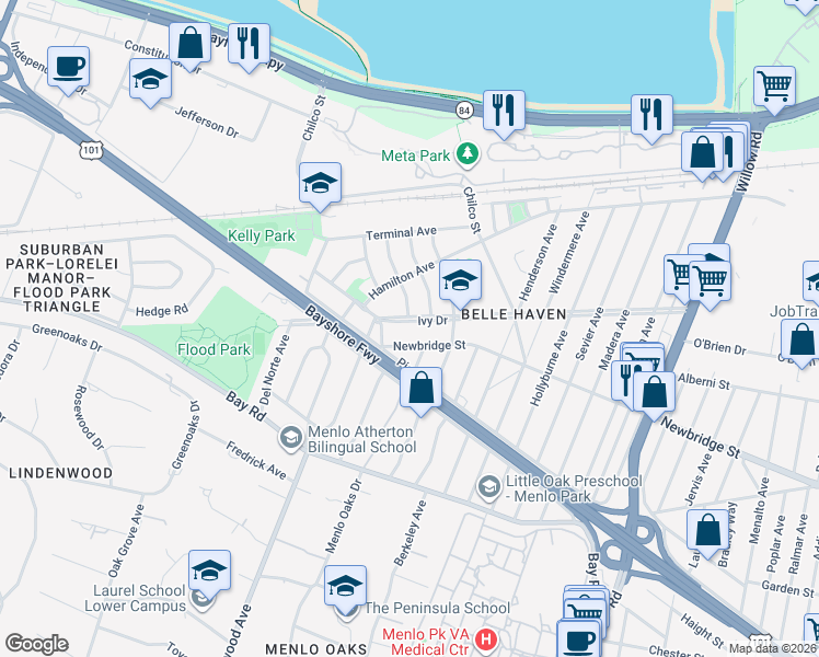 map of restaurants, bars, coffee shops, grocery stores, and more near 224 Ivy Drive in Menlo Park