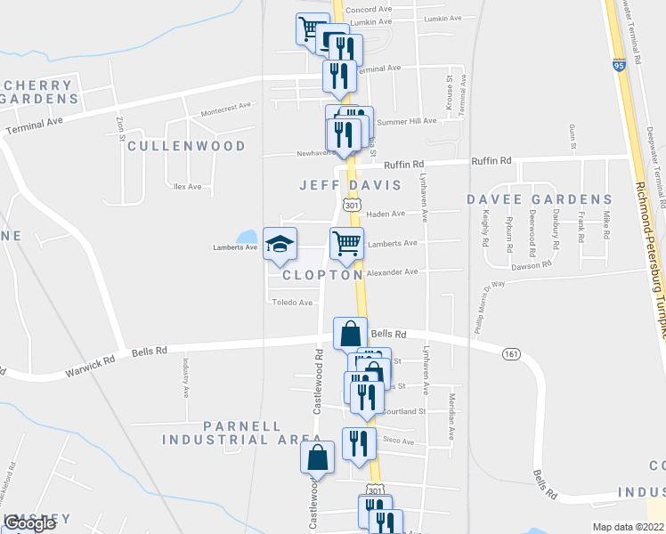 map of restaurants, bars, coffee shops, grocery stores, and more near 3502 Jefferson Davis Highway in Richmond