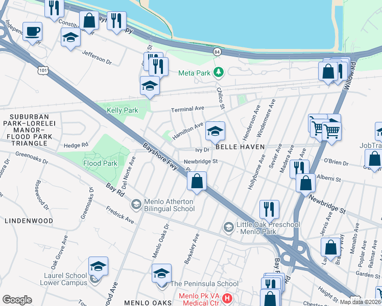 map of restaurants, bars, coffee shops, grocery stores, and more near 224 Ivy Drive in Menlo Park