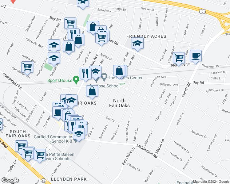 map of restaurants, bars, coffee shops, grocery stores, and more near 651 Tenth Avenue in Menlo Park