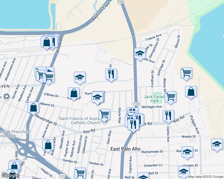 map of restaurants, bars, coffee shops, grocery stores, and more near 1430a O'Brien Drive in Menlo Park