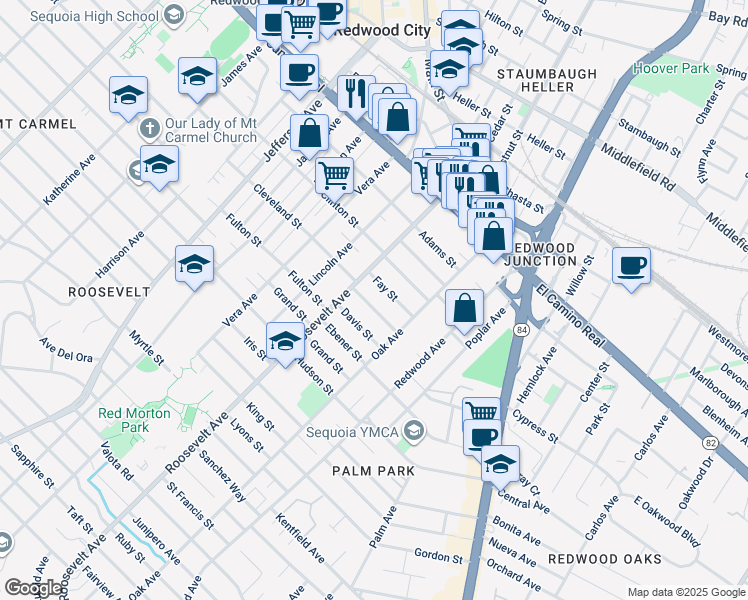 map of restaurants, bars, coffee shops, grocery stores, and more near 503 Roosevelt Avenue in Redwood City