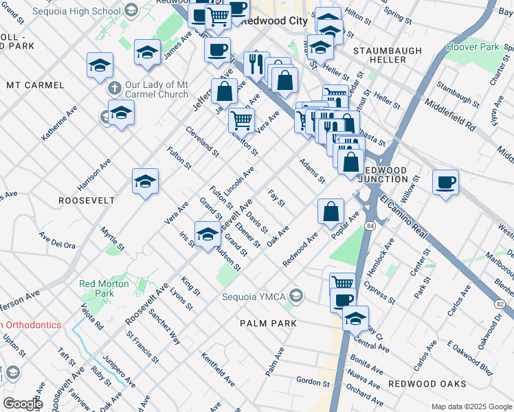 map of restaurants, bars, coffee shops, grocery stores, and more near 503 Roosevelt Avenue in Redwood City