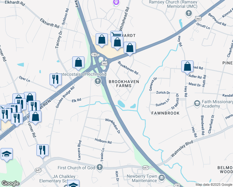 map of restaurants, bars, coffee shops, grocery stores, and more near 2203 Mandalay Drive in Richmond