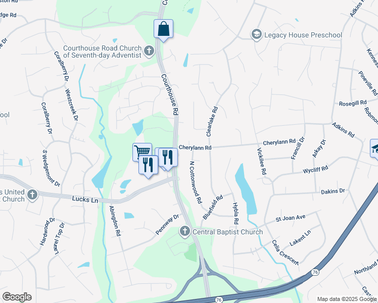 map of restaurants, bars, coffee shops, grocery stores, and more near 1000 North Cottonwood Road in Chesterfield County