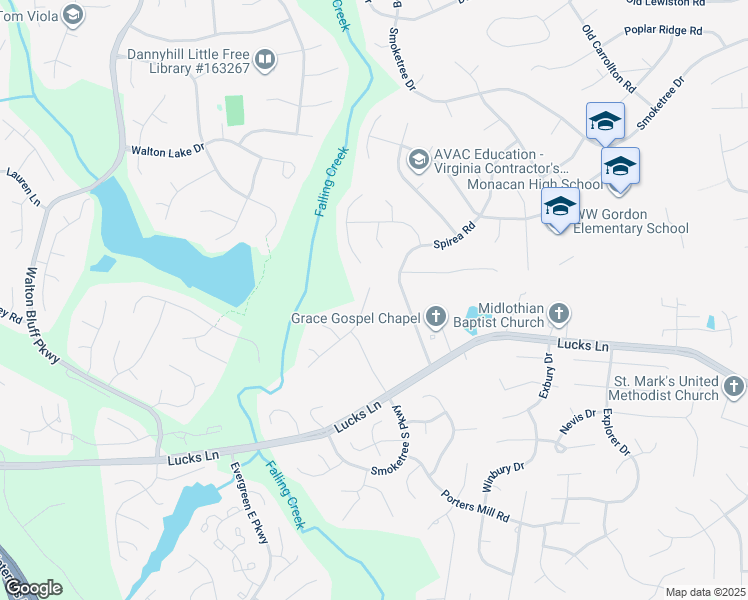 map of restaurants, bars, coffee shops, grocery stores, and more near 12013 Amber Meadows Lane in Midlothian