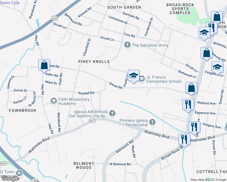 map of restaurants, bars, coffee shops, grocery stores, and more near 5325 Snead Road in Richmond