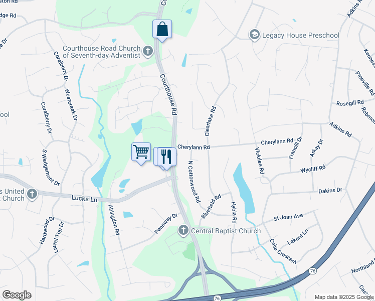 map of restaurants, bars, coffee shops, grocery stores, and more near 1000 North Cottonwood Road in Chesterfield County