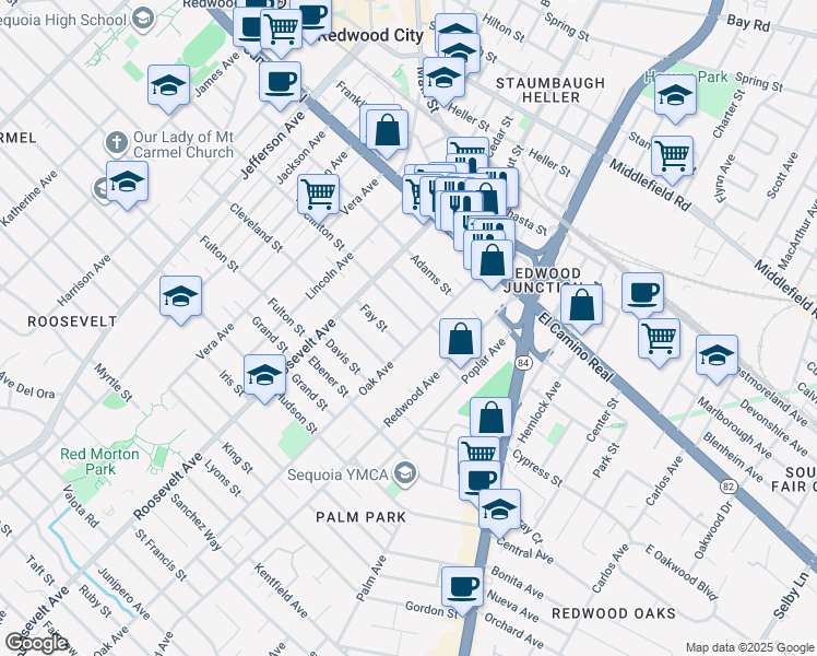 map of restaurants, bars, coffee shops, grocery stores, and more near 1172 Clinton Street in Redwood City