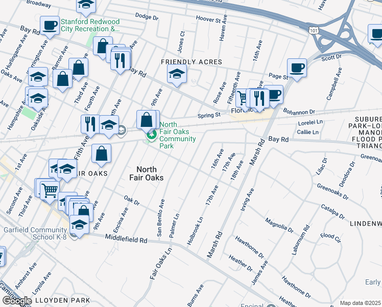 map of restaurants, bars, coffee shops, grocery stores, and more near 742 San Benito Avenue in Menlo Park