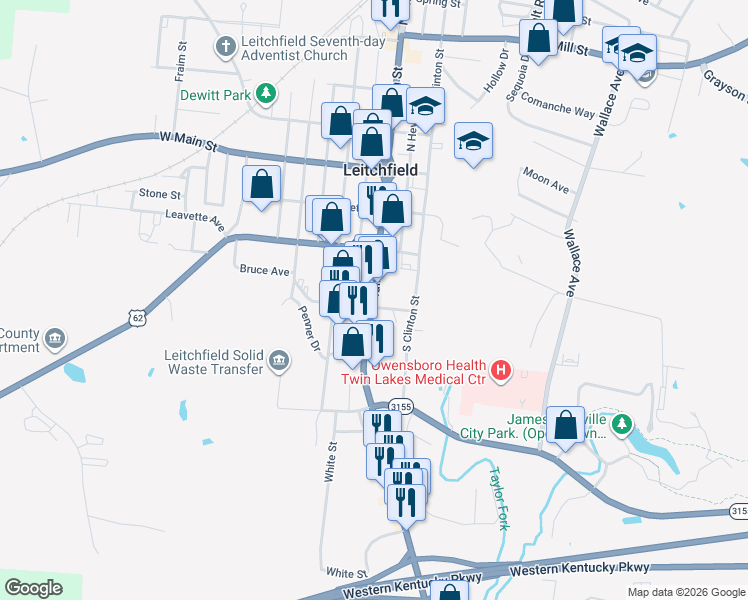 map of restaurants, bars, coffee shops, grocery stores, and more near 338 South Main Street in Leitchfield