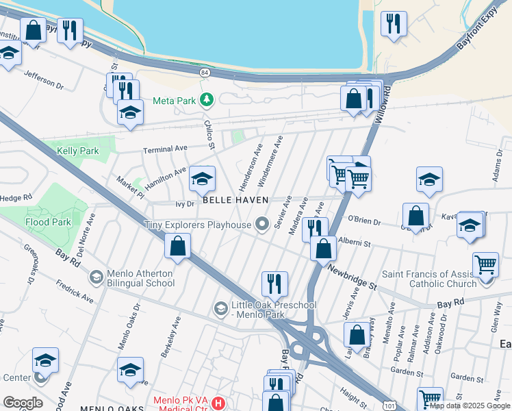 map of restaurants, bars, coffee shops, grocery stores, and more near 1238 Windermere Avenue in Menlo Park