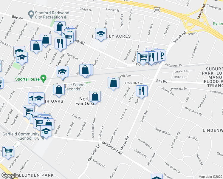 map of restaurants, bars, coffee shops, grocery stores, and more near 742 San Benito Avenue in Menlo Park