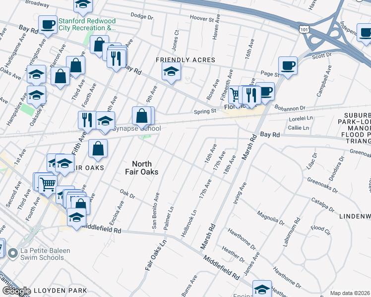 map of restaurants, bars, coffee shops, grocery stores, and more near 735 Fourteenth Avenue in Menlo Park