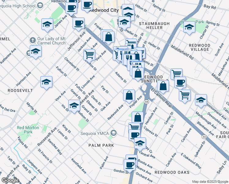 map of restaurants, bars, coffee shops, grocery stores, and more near 216 Oak Avenue in Redwood City