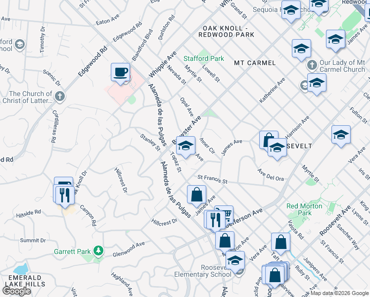 map of restaurants, bars, coffee shops, grocery stores, and more near 2 Hillview Avenue in Redwood City