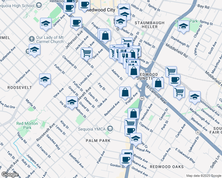 map of restaurants, bars, coffee shops, grocery stores, and more near 1172 Clinton Street in Redwood City