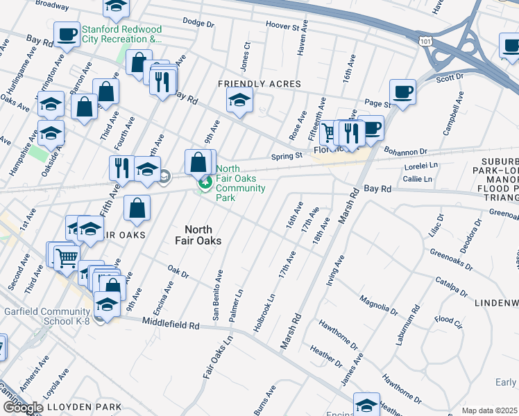 map of restaurants, bars, coffee shops, grocery stores, and more near 735 Fourteenth Avenue in Menlo Park