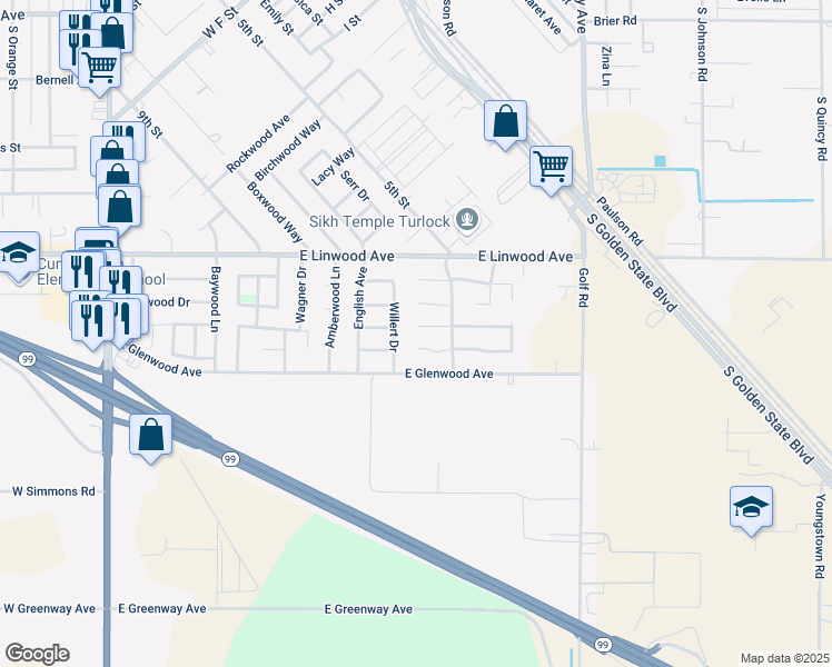 map of restaurants, bars, coffee shops, grocery stores, and more near 1101 Stone Court in Turlock