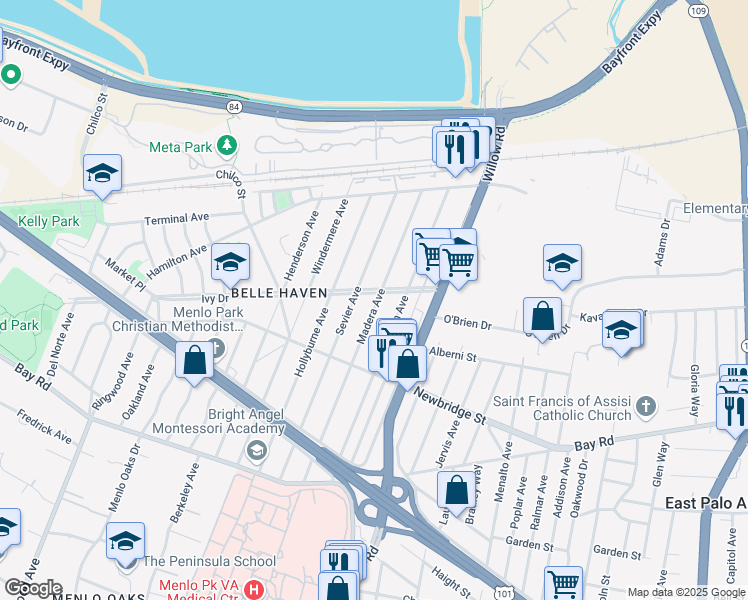 map of restaurants, bars, coffee shops, grocery stores, and more near 1263 Madera Avenue in Menlo Park