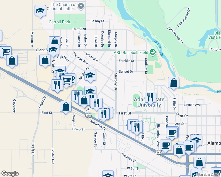 map of restaurants, bars, coffee shops, grocery stores, and more near 305 Murphy Drive in Alamosa
