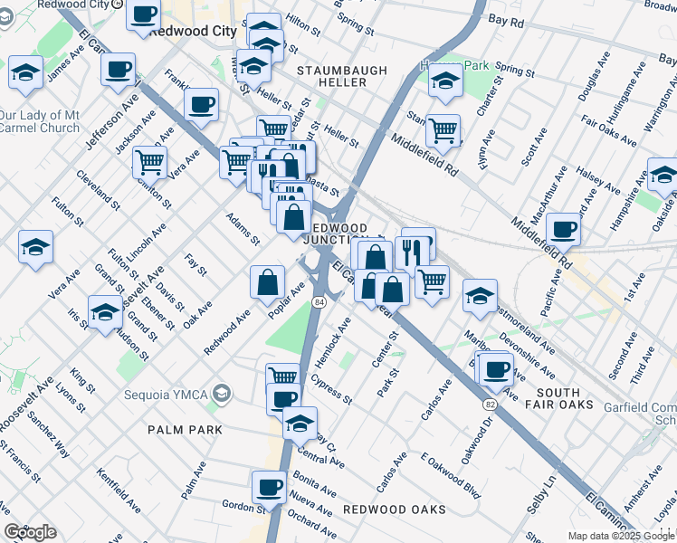 map of restaurants, bars, coffee shops, grocery stores, and more near 2194 El Camino Real in Redwood City