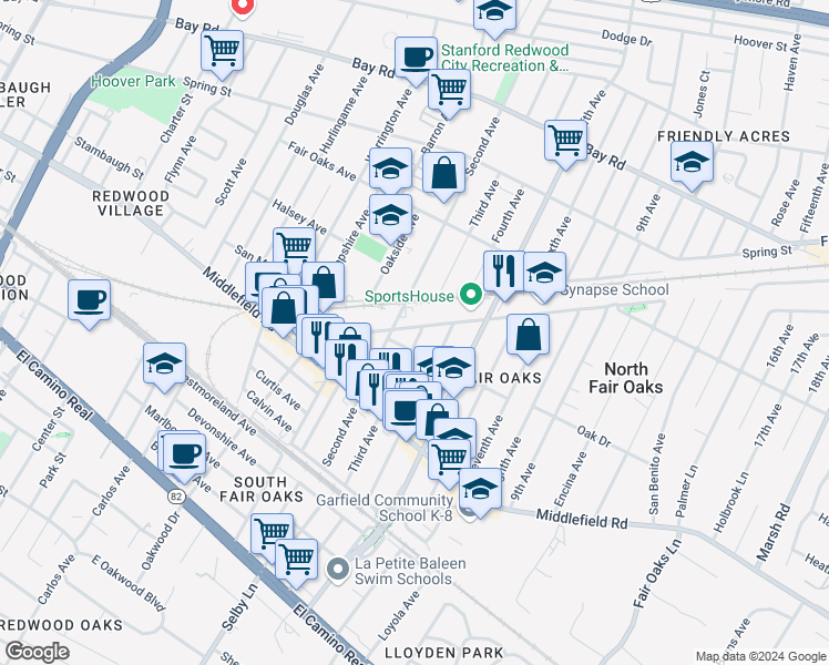 map of restaurants, bars, coffee shops, grocery stores, and more near 553 Third Avenue in Redwood City
