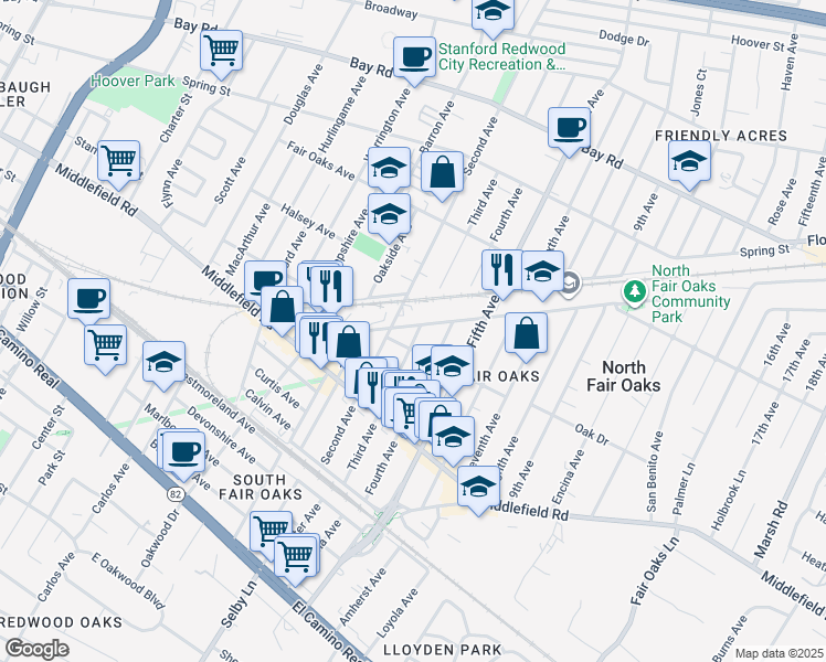 map of restaurants, bars, coffee shops, grocery stores, and more near 553 Third Avenue in Redwood City