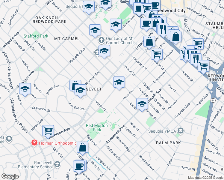 map of restaurants, bars, coffee shops, grocery stores, and more near 914 Madison Avenue in Redwood City