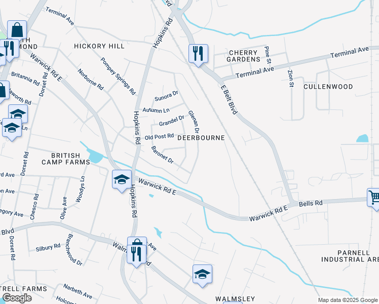 map of restaurants, bars, coffee shops, grocery stores, and more near 3107 Kelrae Drive in Richmond