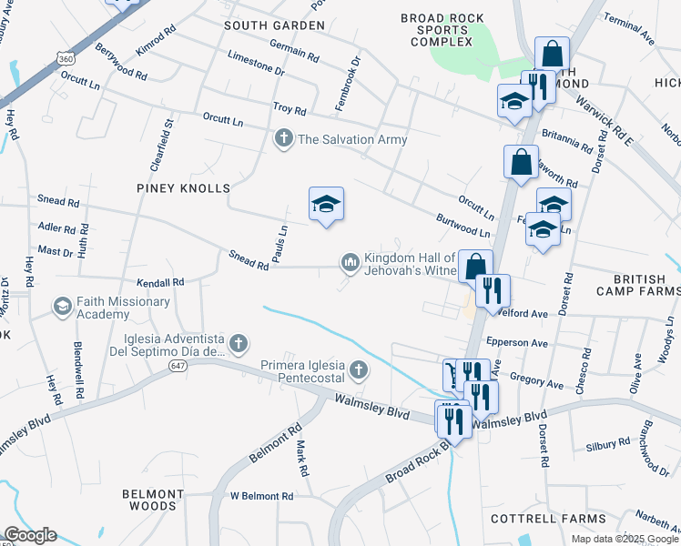 map of restaurants, bars, coffee shops, grocery stores, and more near 5129 Snead Road in Richmond